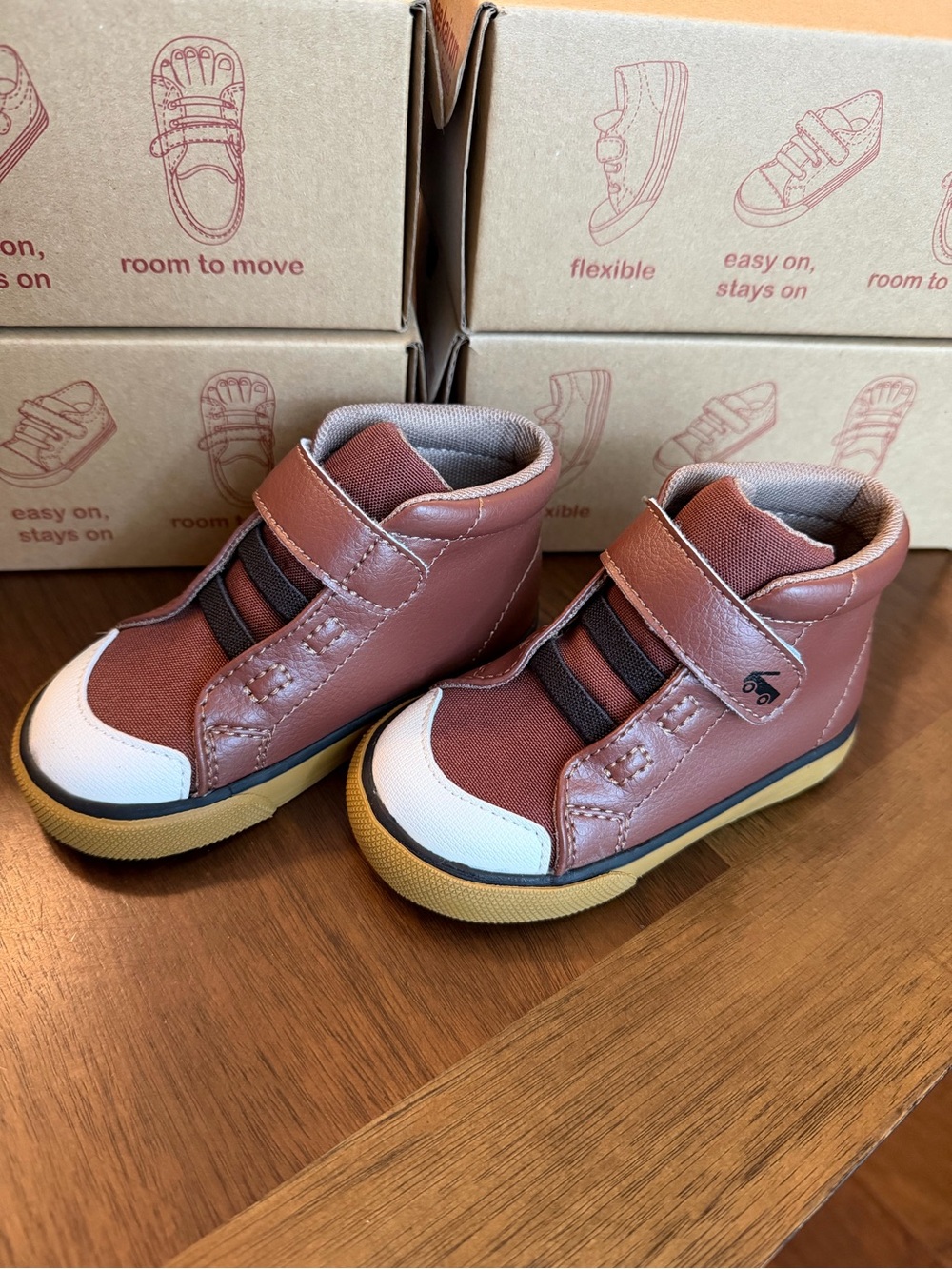 See Kai Run Brown and White Kids High-Top Sneakers - Picture 2 of 5